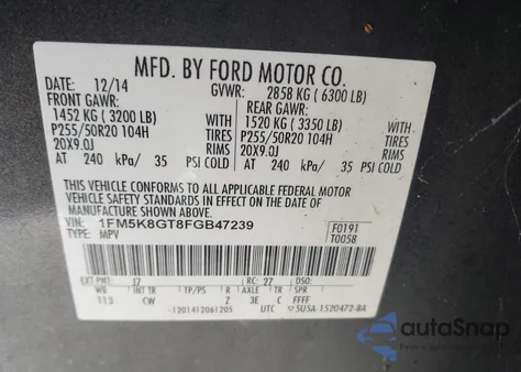 2015 Ford Explorer Sport из США, поврежденный, VIN 1FM5K8GT8FGB47239